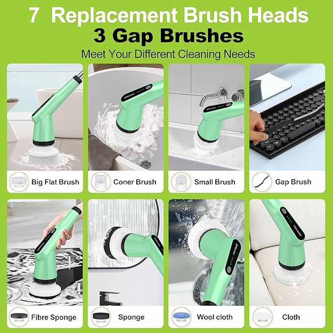 G2-Electric Spin Scrubber - IPX7 Waterproof 12-in-1 Shower Cleaner Brush, Retractable Handle & 2-Speed for Bathroom, Bathtub, Kitchen, Tile Floors