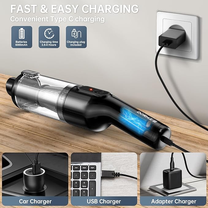 dormzie Handheld Vacuum Cordless, 16000Pa Powerful Suction, Lightweight at 1.3 lbs, Type-C Charge, Multiple Accessories, Rechargeable Car Vacuum Cleaners for Home Office Pet