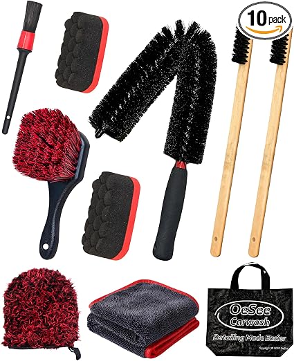 oesee 10PCS Engine Bay Cleaning Kit, Professional Under Hood Detailing Tools with Long Bendable Brush & Natural Bamboo H