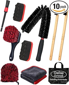 oesee 10PCS Engine Bay Cleaning Kit, Professional Under Hood Detailing Tools with Long Bendable Brush & Natural Bamboo H