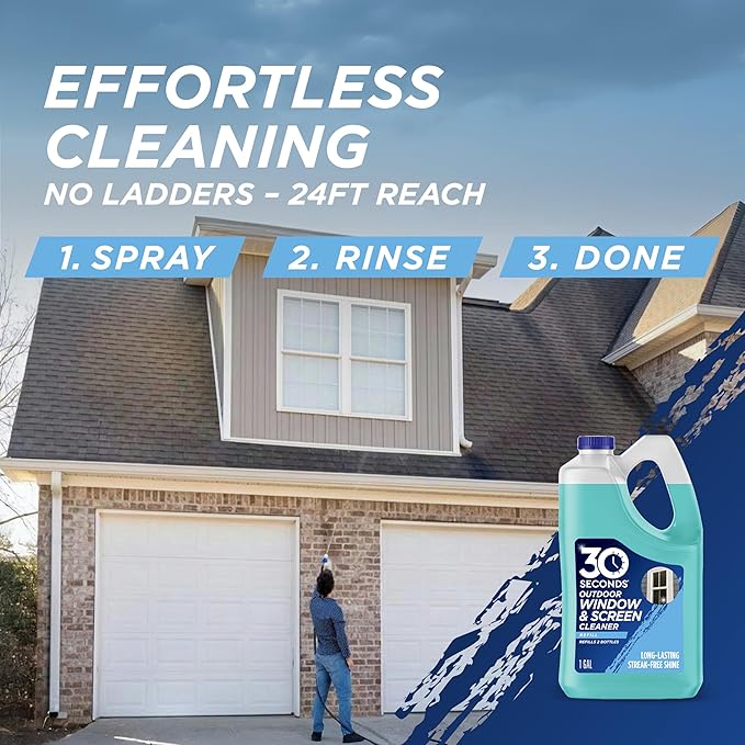 30 SECONDS Outdoor Window & Screen Concentrated Cleaner for Glass, Patio Doors, Fiberglass, Furniture - No Screen Removal Required, Spray & Rinse - Refill for Hose End Sprayer Bottles, 1.1 Gallon