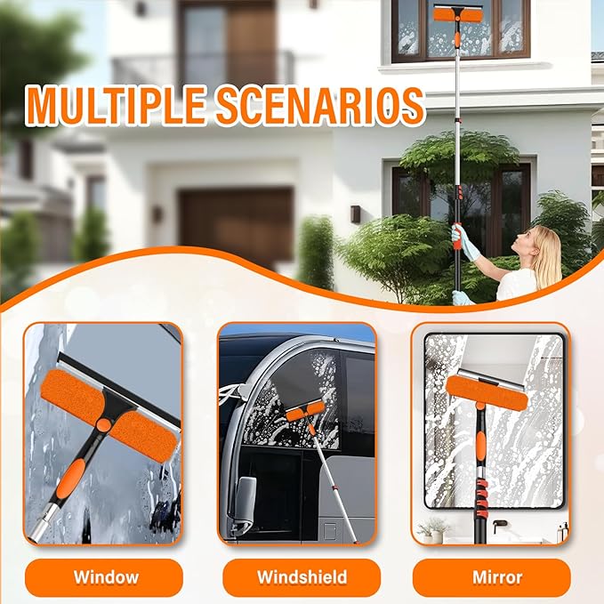 26FT Telescoping Window Squeegee Kit | 2-in-1 Professional Window Washer & Microfiber Scrubber with Extension Pole | High Reach Cleaning Tool for Outdoor, Indoor Windows & Glass