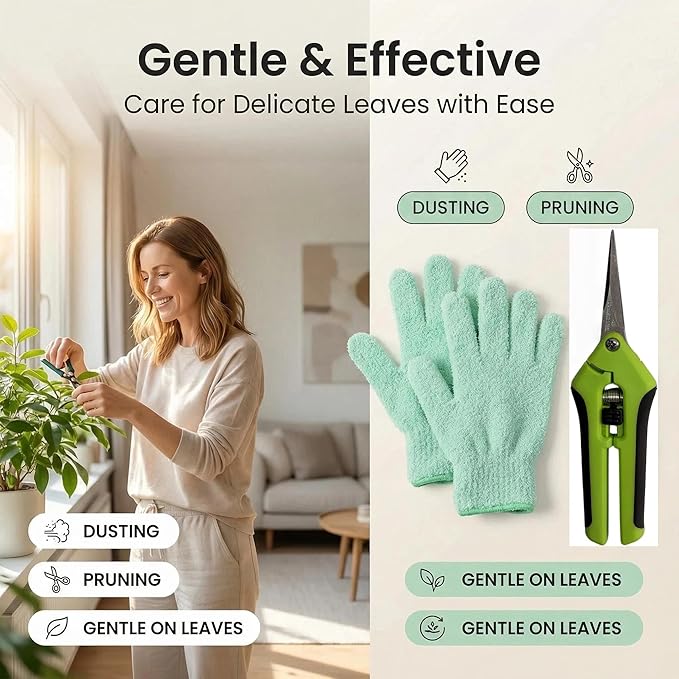 Microfiber Gloves for Plant Dusting,10 Pack Plants Cleaning Set with Leaf Cleaner Tong with Separate Cloth Covers and Garden Shear for Indoor Outdoor Garden Plant Shiny Leaves