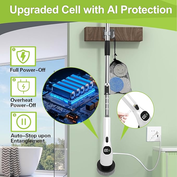 WKY-Electric Spin Scrubber - 10-in-1 Cordless Shower Scrubber & Cleaning Brush with Extendable Handle, 2 Speeds, IPX7 Waterproof Brush Heads, LED Display, Smart AI Chip,for Bathroom, Kitchen White
