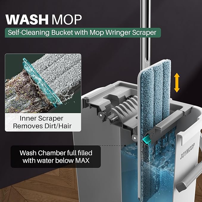 JOYMOOP Flat Mop System, Microfiber Mop and Bucket Set, White, Household & Commercial Floor Cleaning Mop with Long Handle, Hands-Free Cleaning System