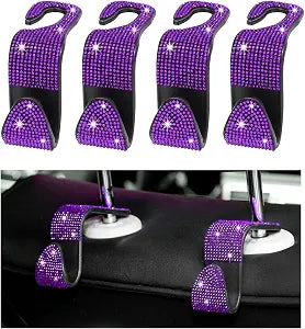 Augeny 4 PCS Bling Car Seat Headrest Hooks, Crystal Rhinestone Back Seat Hanging Storage Organizer, Auto Purse Bags Hang