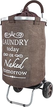 dbest products Laundry Trolley Dolly, Brown Laundry Bag Hamper Basket cart with wheels sorter