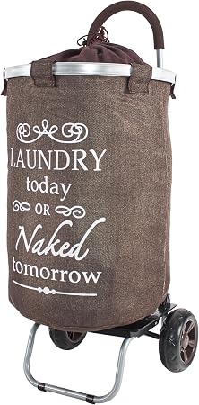 dbest products Laundry Trolley Dolly, Brown Laundry Bag Hamper Basket cart with wheels sorter