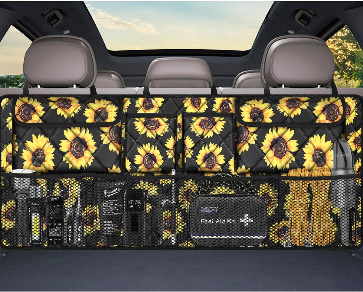 Car Trunk Organizer,Large Capacity Backseat Organizer(42 in*18 in),Collapsible Storage Bag with 8 Pocekt,Car Organizer for SUV/MPV/Truck - Sunflower TLAG-0114