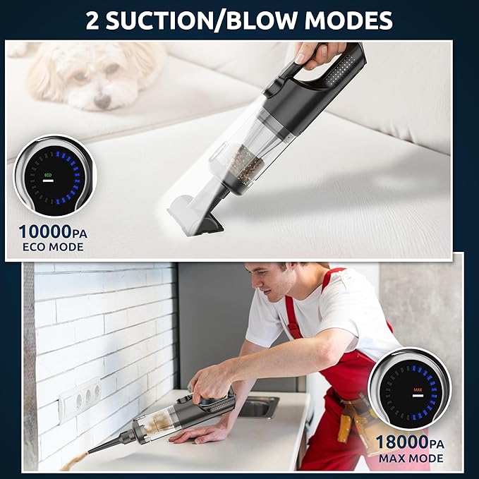Handheld Vacuum Cordless Vacuum Cleaner with LED Light, 18000Pa Brushless Suction & Air Blower (2-in-1), 7800mAH Battery, Steel+HEPA Filter, Car Vacuum, Dust Buster for Interior, Home & Pet Hair
