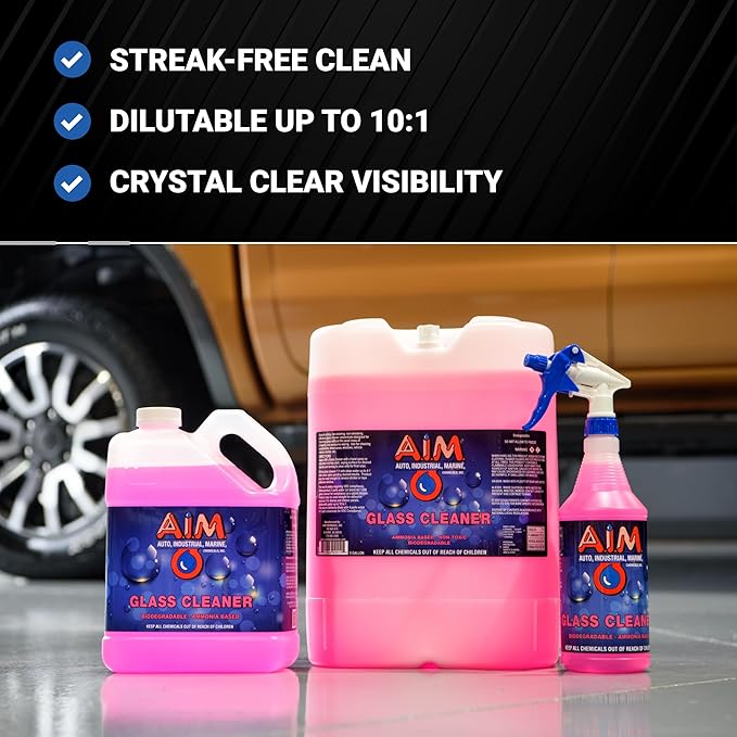 AIM Chemicals Ammoniated Glass Cleaner Concentrate - Streak-Free Shine for Windows, Cars, Homes, Offices - Dilutes 10:1 - Removes Dirt, Grime, Fingerprints - Ideal for Glass Spray Bottles - 5 Gal