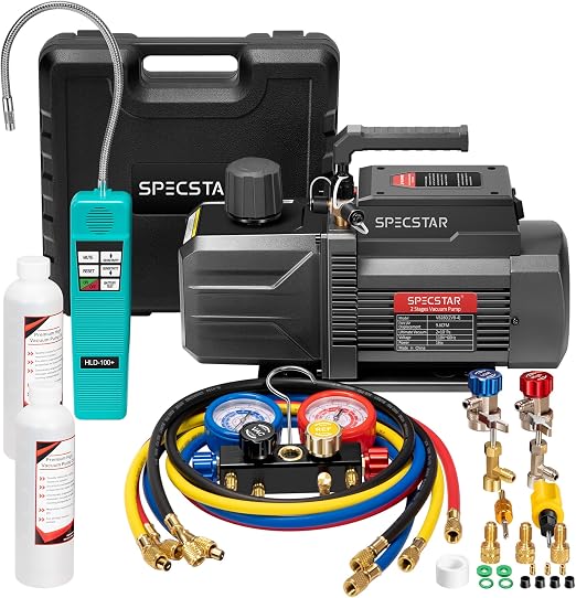 SPECSTAR 1 HP 9.6 CFM 2 Stage AC Vacuum Pump and 4 Way Manifold Gauge Set