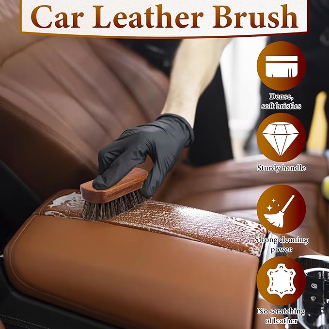 5 PCS Leather Brush Car Detailing, Horse Hair Brush, Car Cleaning Supplies, Car Interior Brush, Carpet Brush for Car Detailing, for Car Accessories Interior, Carpet, Upholstery, Furniture and Shoes