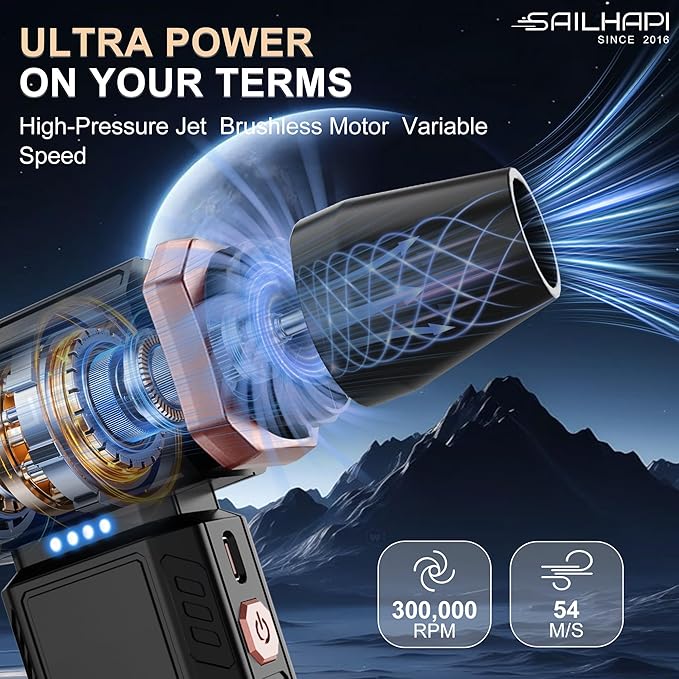 Compressed Air Duster 300000RPM, High-Speed Cordless Blower for Barber with Variable Speed, Electric Dust Blower for Keyboard, Car, PC, Hair Cut, Replaces Canned Air, Gifts for Men