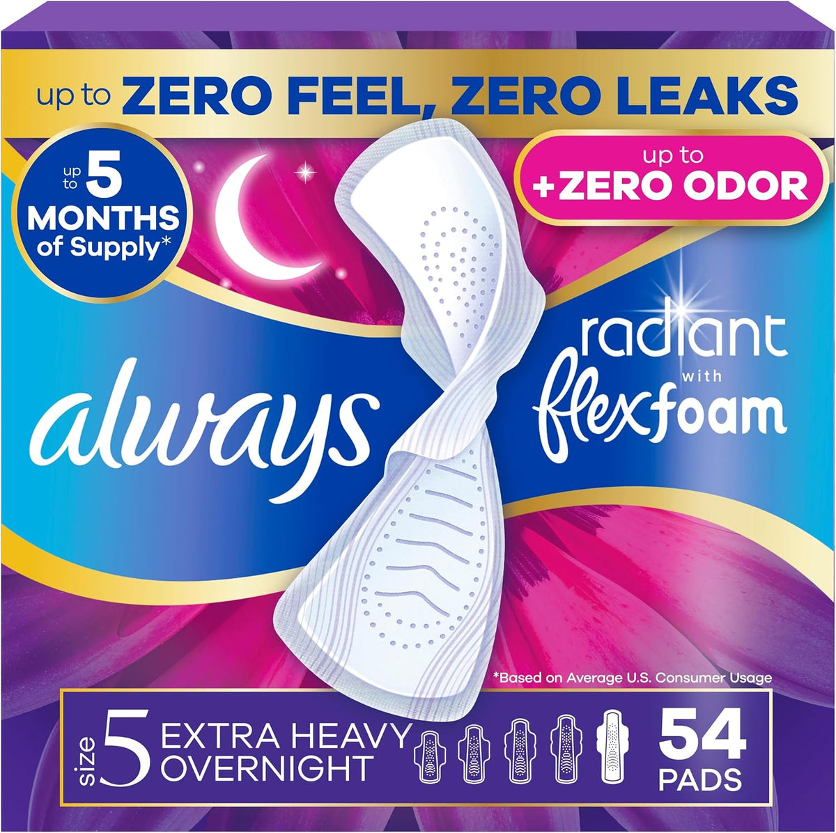Radiant Feminine Pads for Women, Flexfoam Pads with Wings, Size 5, Extra Heavy Overnight Absorbency, Lightly Scented, 54 Count (3 Packs of 18)