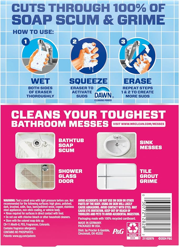 Mr. Clean Magic Eraser Sponge, Bathroom Cleaner, Shower Cleaner, Tub Cleaner, Soap Scum Remover, Bathroom Cleaning Supplies, Dawn Cleaning Power with Febreze Lavender Scent, 5ct