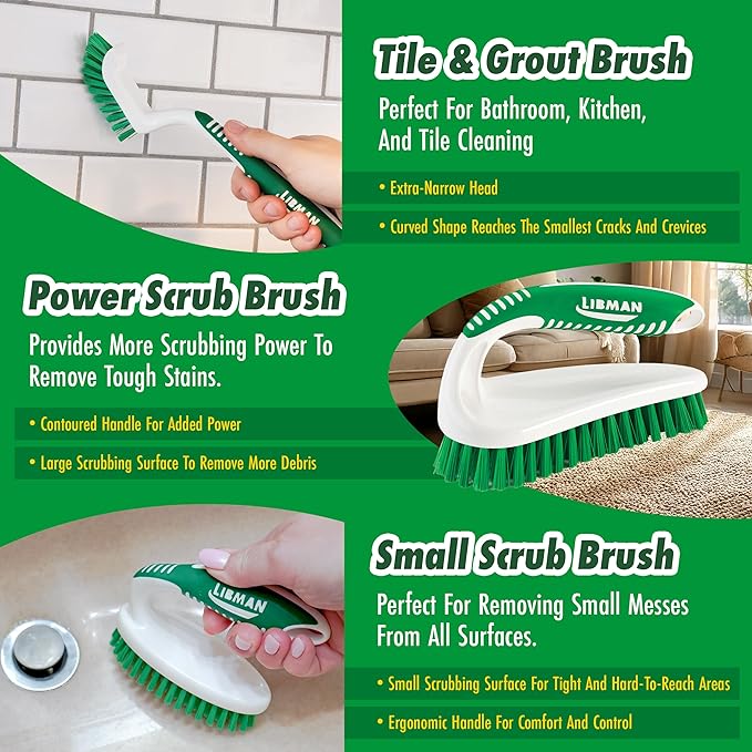 Libman Scrub Brush Kit | Cleaning Brush | Tile & Grout Brush | Small Scrub Brush | Power Scrub Brush | Carpet Brush | Bathroom Scrubber | Boot Scrubber | 3 Different Brushes Included