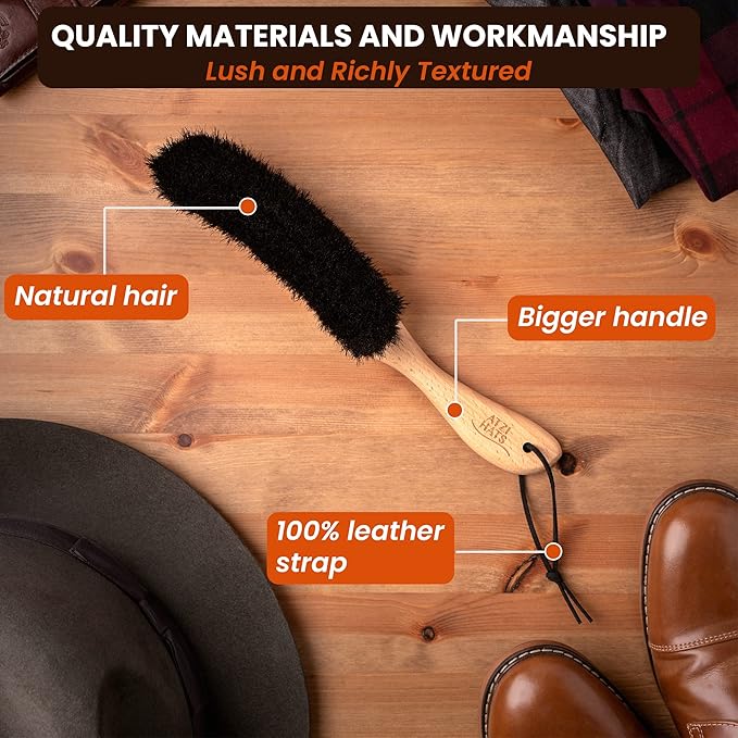 Clothes Brush, Horse Hair Bristle, Cowboy Hat Brush, Suit Lint Brush, Wool, Cashmere, Velvet, Suede, Fabric Brush, Furniture Pet Hair Brush, Long Beech Wood Handle