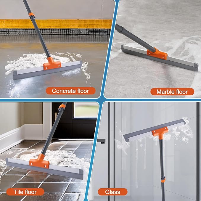 CLEANHOME Rubber Floor Squeegee for Concrete Floor, Tile Floor, Metal Aluminium Heavy Duty Garage Shower Floor Squeegee Broom for Removing Water, Commercial Scrubber Mop with Extendable Long Handle