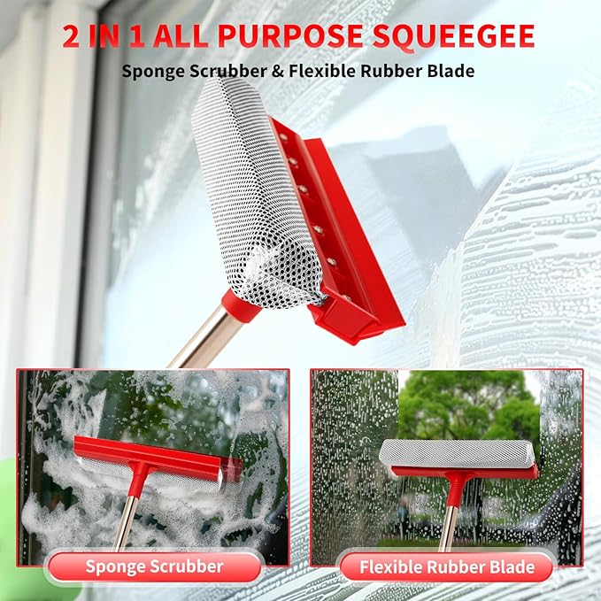 Window Squeegee with 18.5"-28.5" Retractable Handle, 2-in-1 Squeegee for Window Cleaning Tool for Cars, Trucks, Glass Doors, Shower, Outdoor Windows – Window Cleaner (Red)