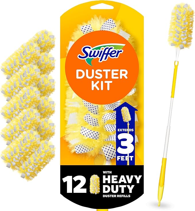 Swiffer Duster Kit with 3 ft Extendable Handle, Dusters for Cleaning, Set Includes 1 Extension Pole and 12 Heavy Duty Dusting Refills Dust Cleaner, Long Extended Wand for Ceiling Fans and Walls