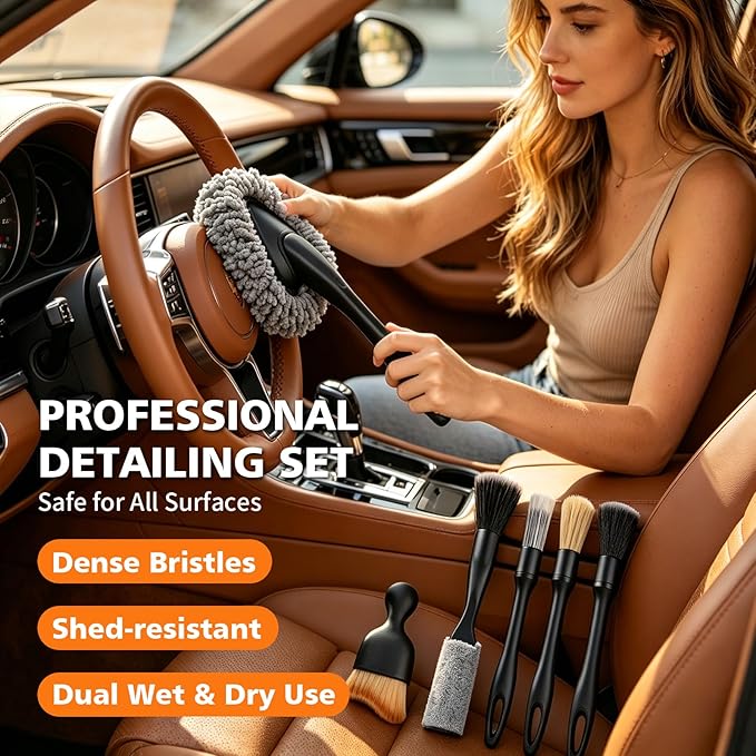 Car Detailing Brush Kit Interior & Exterior Cleaner, Ultra Soft Boars Hair Car Interior Detailing Brushes, 6 Different Detailing Brushes for Auto Detailing, Dashboard, Vents, Wheels and Tires