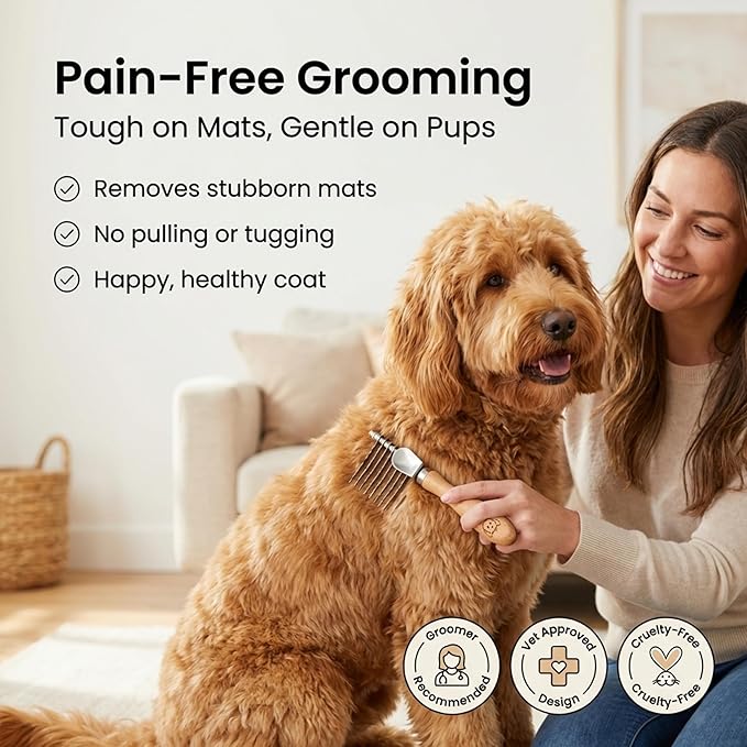 We Love Doodles Dog Dematting Brush & Rake, Detangler Brush for Dogs, Comb Tool for Grooming, Best for Doodles, Poodles, Goldendoodles, Cats & Other Pets, Matted Fur Removal On Undercoat, Small
