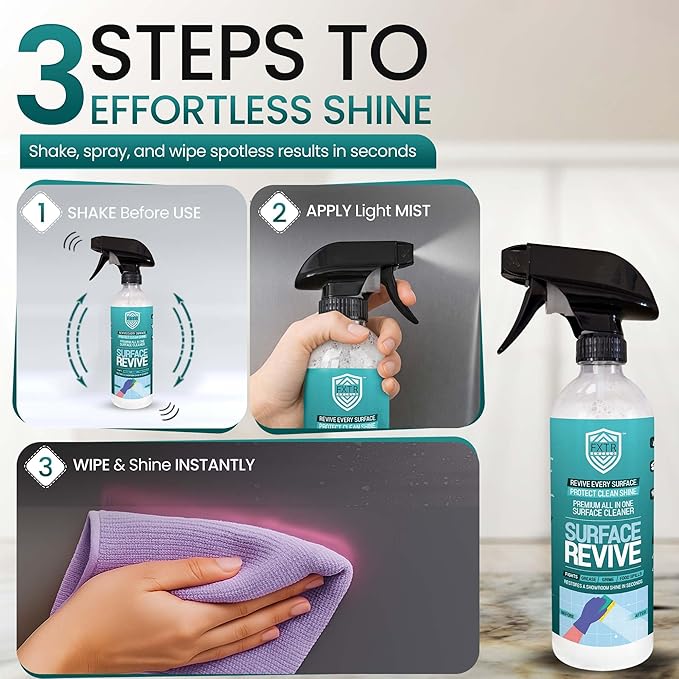 Fixture Shield Revive Kitchen and Bathroom Cleaner with SiO₂ Multi‑Surface Cleaner Spray for Home Cleaning – Streak‑Free Stainless Steel, Glass, Tile & Countertop Shine and Protectant