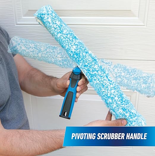 Unger Professional Connect and Clean 18” Grip Microfiber Window Scrubber with 8’ Pole, High-Access Glass Surface Household Cleaning Supplies and Tools, Reusable Microfiber Sleeve
