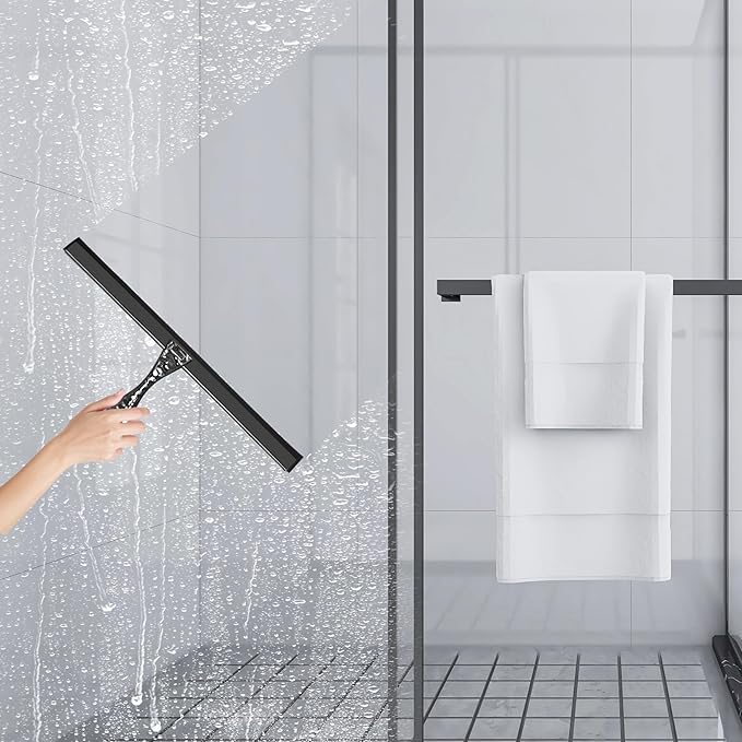 All-Purpose Silicone Shower Squeegee for Shower Glass Door,with 2 Hooks & Pink Mini Squeegee,for Bathroom Glass, Car, Tile Wall, Mirror Cleaning - Easy-Grip Handle 14 Inch Black