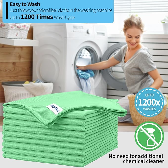 Microfiber Cleaning Cloth, 10 Pack Glasses Cleaning Cloth, 16" ×14" Window Cleaning Rags, Streak Free Lint Free Polishing Cloths Wipes for Eye Glass Stainless Steel Windshield, Sage Green