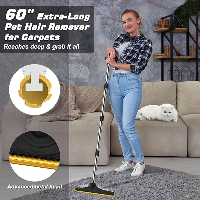 B-Land Carpet Rake for Pet Hair Removal, Reusable Pet Hair Remover with 60” Adjustable Long Handle, Carpet Scraper Broom Dog Cat Hair Remover Tool Fur Sweeper for Rugs, Mats