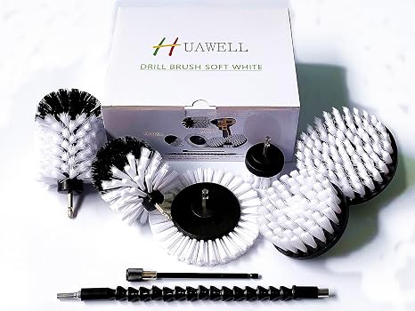HUAWELL 8 Piece Soft White Drill Brush with Extend Attachment Set-Car Interior Detailing Kit, All Purpose for Car, Boat,