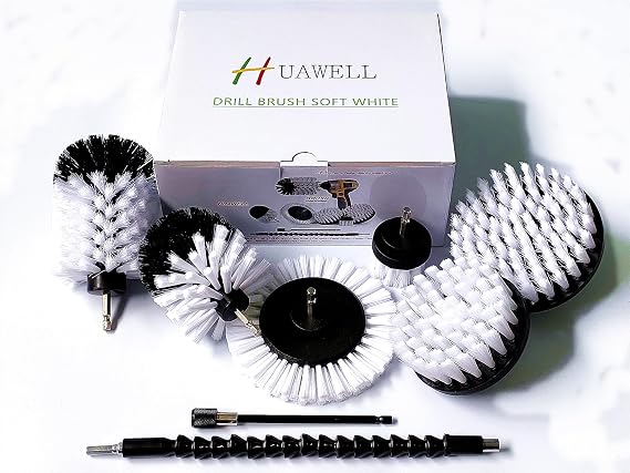 HUAWELL 8 Piece Soft White Drill Brush with Extend Attachment Set-Car Interior Detailing Kit, All Purpose for Car, Boat,