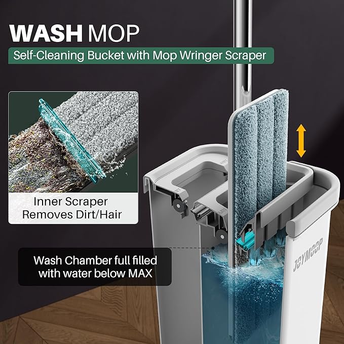 JOYMOOP Bathroom Cleaning Set, Mop and Bucket System with Toilet Brush Set, White, Microfiber Flat Mop for Household & Commercial Floor and Bathroom Cleaning