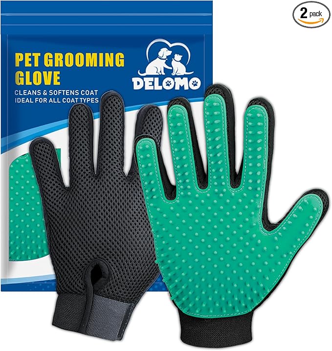 DELOMO Pet Hair Remover Gloves, 255 Tips, Deshedding Glove for Dog and Cat, Gentle De-Shedding Glove Brush, Green, 2 Count