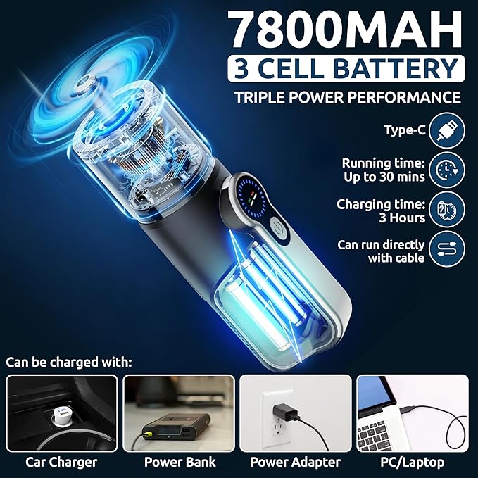 Handheld Vacuum Cordless Vacuum Cleaner with LED Light, 18000Pa Brushless Suction & Air Blower (2-in-1), 7800mAH Battery, Steel+HEPA Filter, Car Vacuum, Dust Buster for Interior, Home & Pet Hair