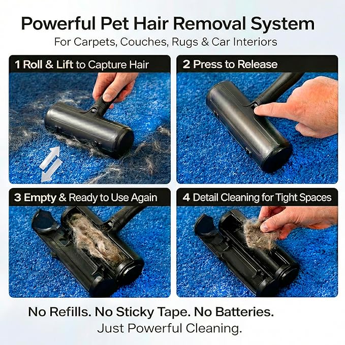 Pet Hair Removal System – Reusable Lint Roller & Lint Remover for Pet Hair on Carpet, Couch & Furniture + Pet Hair Glove Brush – Dog & Cat Fur Remover Tool for Car, Rugs & Clothing