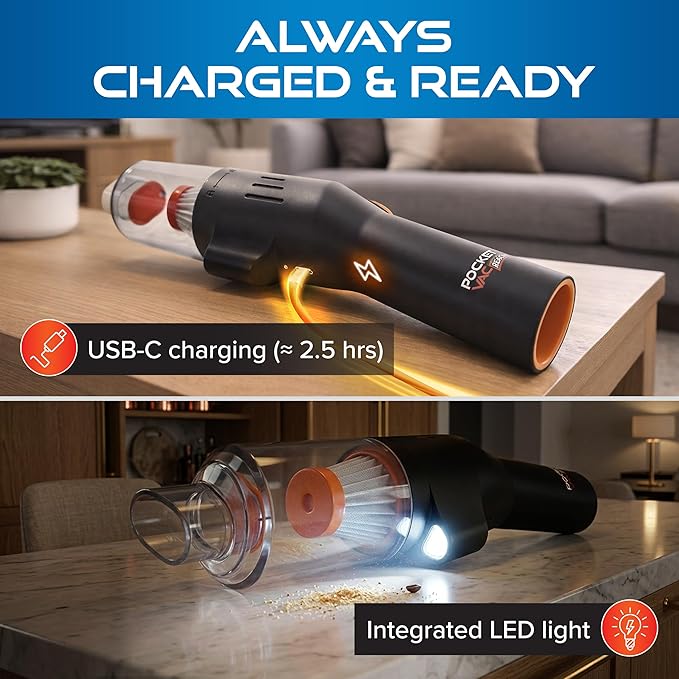 Pocket Vac Reach Handheld Vacuum w/ 3ft Extension Wand – Cordless 2-in-1 Blower & Portable Car Vacuum Cleaner, Mini Hand Vacuum for Furniture, Keyboard & Tight Spaces - w/ 8-Piece Attachment Kit