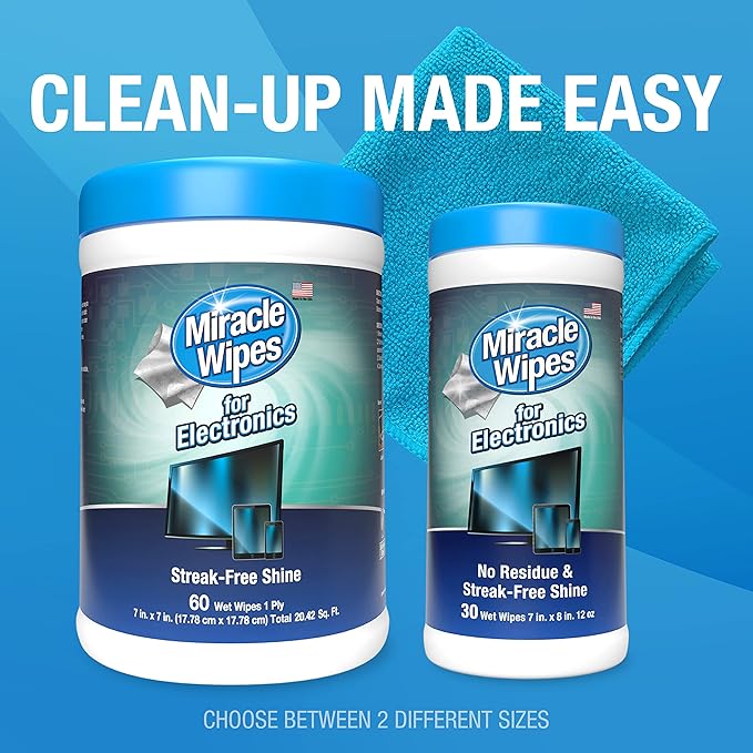 MiracleWipes for Electronics Cleaning - Screen Wipes Designed for TV, Phones, Monitors and More - Includes Microfiber Towel - (60 Count)