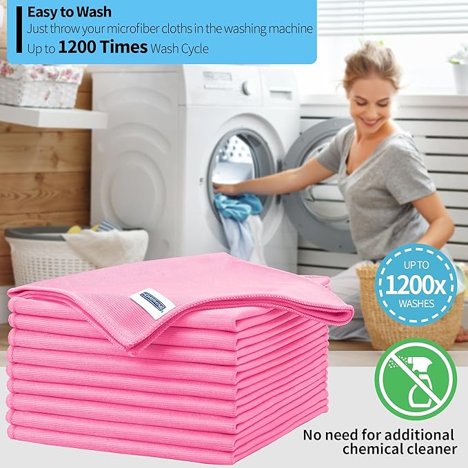 Microfiber Cleaning Cloth - 10 Pack Glasses Cleaning Cloth, 16" x 14" Window Cleaning Rags, Streak Free Lint Free Polishing Cloths Wipes for Eye Glass, Stainless Steel, Windshield, Pink