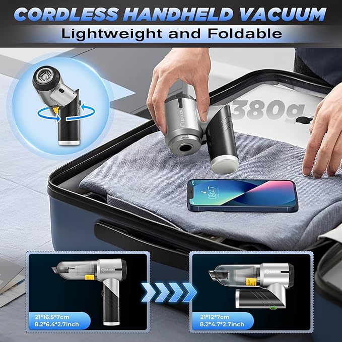 Saker Handheld Car Vacuum Portable Cordless17000PA Mini Air Duster Blower Rechargeable Foldable Vacuum Cleaner with Brushless Motor for Home, Office Pet HL132 Black
