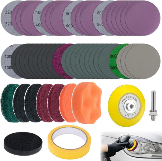 ecocstm 53 PCS Car Headlight Restoration Kit, 3 Inch Drill Sanding Disc