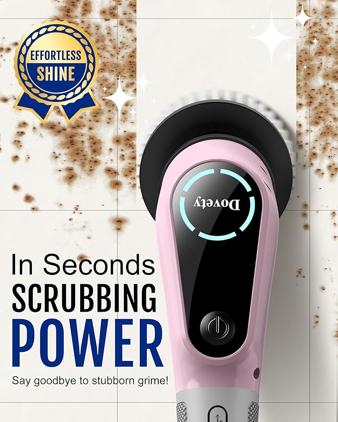 Dovety Electric Spin Scrubber, Shower Scrubber, Power Cleaner Tools with 8 Replaceable Brush Heads, Cleaning Brush with Extension Handle, 2 Adjustable Speeds, 90Mins Work Time for Home Bathtub-Pink