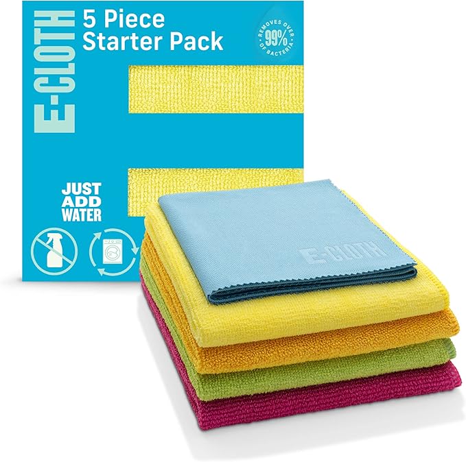 E-Cloth Starter Pack, Premium Microfiber Cleaning Cloths, Great Household Cleaning Tools for Bathroom, Kitchen, and Cars, Washable and Reusable, 300 Wash Guarante, Assorted Colors, 5 Piece Set