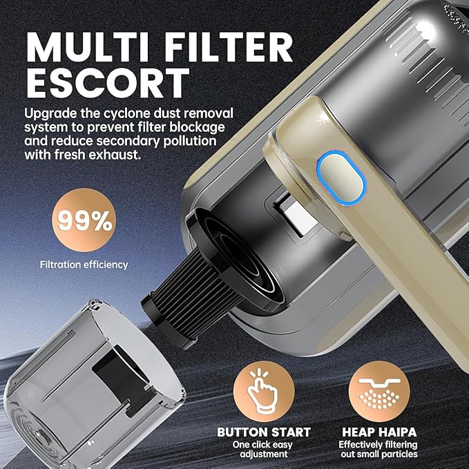 PATO Mattress Vacuum Cleaner, Wireless Handheld Bed Vacuum Cleaner with UV-C Light, HEPA Filter and Ultrasonic Vibration, 12KPa, Suitable for Beds, Sofas, Car Seats, Carpets (Golden)