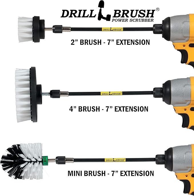 Drill Brush Ultimate Automotive Cleaning Kit with Extension - Truck Accessories - Glass, Upholstery, Seats, Window, Interior, Wheel, Carpet Cleaner - Car Mats - Spin Brush - Motorcycle Accessories