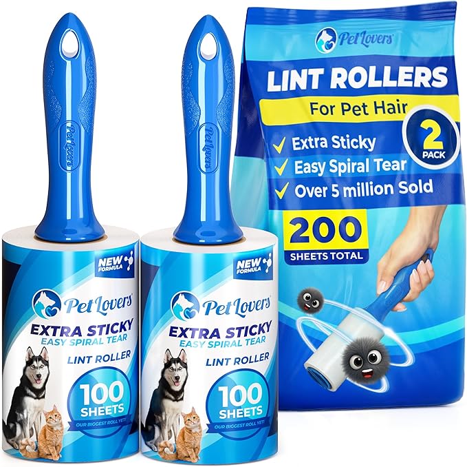 PetLovers Extra Sticky Lint Roller Value Set 200 Sheets for Pet Hair Removal, Dog and Cat Lint Remover 2 Pack