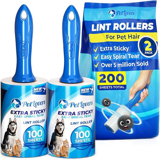 PetLovers Extra Sticky Lint Roller Value Set 200 Sheets for Pet Hair Removal, Dog and Cat Lint Remover 2 Pack
