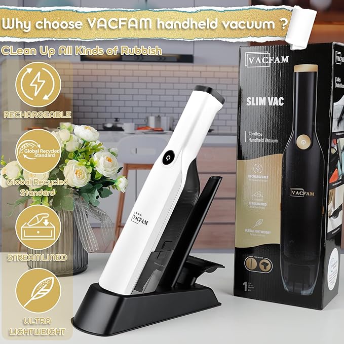 Handheld Vacuum Cordless,Dust Busters Cordless with Storage Dock,15KPA High Power Portable Vacuum Vordless,USB Quick Charge,Mini Vacuum with Multi-Nozzles & Washable Filter，White
